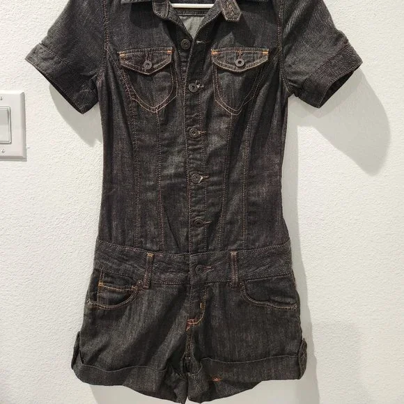Vintage Y2K Guess Jeans XS/TP Dark Wash Denim Button Front Short Jumpsuit - Picture 6 of 7